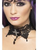 Gotiskt Kraghalsband i Spets smyckat med diamantkors, Vuxen Maskeraddrkt Halloween