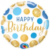 Happy Birthday Folieballong, Bl/Guld - 46cm